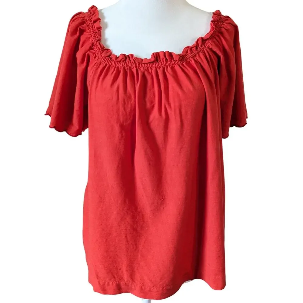 LC Lauren Conrad Red-Orange Peasant Ruffled Neck Flutter Sleeves Top Size Small - Picture 1 of 8